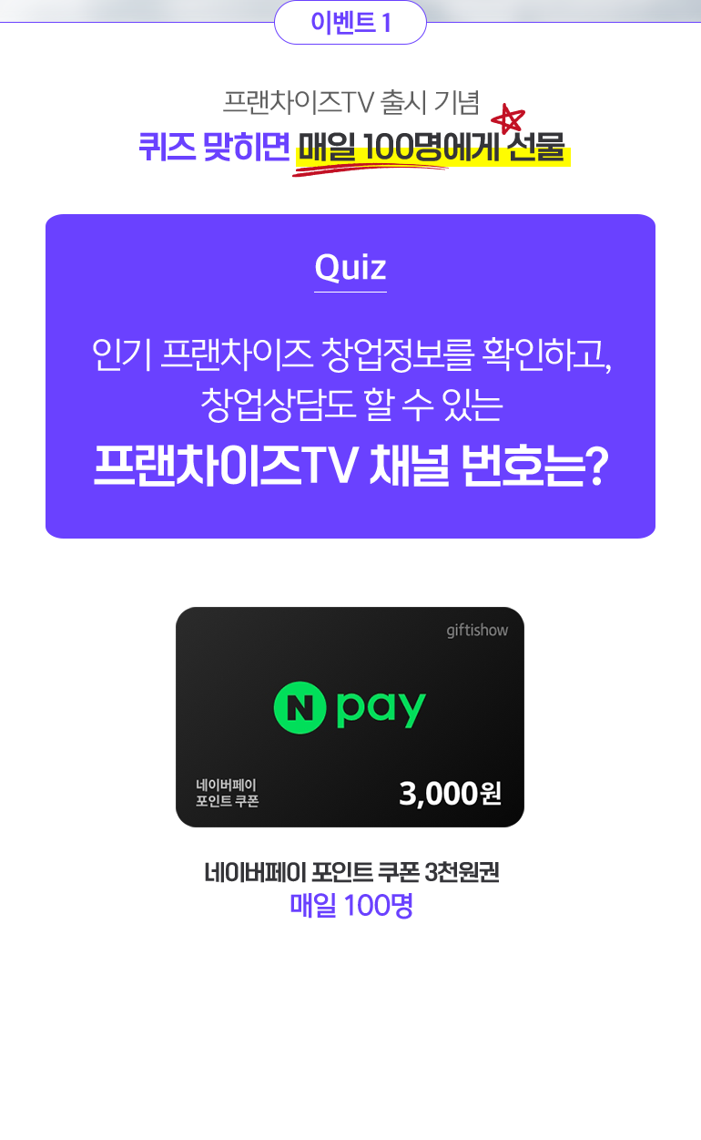 이벤트 1. 프랜차이즈TV 출시 기념 퀴즈 맞히면 매일 100명에게 선물. Quiz. 인기 프랜차이즈 창업정보를 확인하고, 창업상담도 할 수 있는 프랜차이즈TV 채널 번호는? 네이버페이 포인트 쿠폰 3천원권 매일 100명.