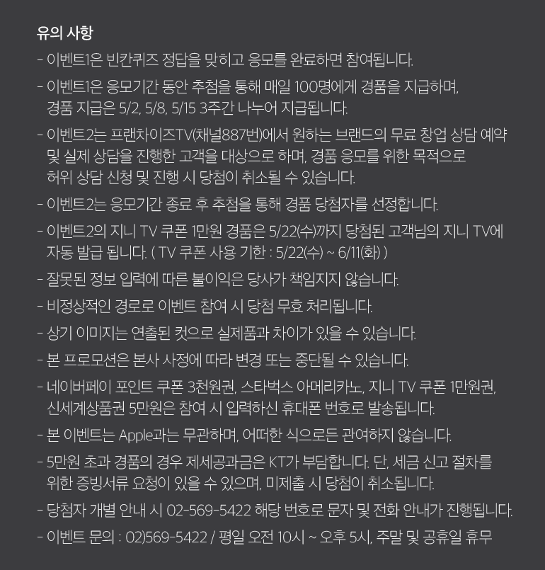 유의 사항 - 이벤트1은 빈칸퀴즈 정답을 맞히고 응모를 완료하면 참여됩니다. - 이벤트1은 응모기간 동안 추첨을 통해 매일 100명에게 경품을 지급하며, 경품 지급은 5/2, 5/8, 5/15 3주간 나누어 지급됩니다. - 이벤트2는 프랜차이즈TV(채널887번)에서 원하는 브랜드의 무료 창업 상담 예약 및 실제 상담을 진행한 고객을 대상으로 하며, 경품 응모를 위한 목적으로 허위 상담 신청 및 진행 시 당첨이 취소될 수 있습니다. - 이벤트2는 응모기간 종료 후 추첨을 통해 경품 당첨자를 선정합니다. - 이벤트2의 지니 TV 쿠폰 1만원 경품은 5/22(수)까지 당첨된 고객님의 지니 TV에 자동 발급 됩니다. ( TV 쿠폰 사용 기한 : 5/22(수) ~ 6/11(화) ) - 잘못된 정보 입력에 따른 불이익은 당사가 책임지지 않습니다. - 비정상적인 경로로 이벤트 참여 시 당첨 무효 처리됩니다. - 상기 이미지는 연출된 컷으로 실제품과 차이가 있을 수 있습니다. - 본 프로모션은 본사 사정에 따라 변경 또는 중단될 수 있습니다. - 네이버페이 포인트 쿠폰 3천원권, 스타벅스 아메리카노, 지니 TV 쿠폰 1만원권, 신세계상품권 5만원은 참여 시 입력하신 휴대폰 번호로 발송됩니다. - 본 이벤트는 Apple과는 무관하며, 어떠한 식으로든 관여하지 않습니다. - 5만원 초과 경품의 경우 제세공과금은 KT가 부담합니다. 단, 세금 신고 절차를 위한 증빙서류 요청이 있을 수 있으며, 미제출 시 당첨이 취소됩니다. - 당첨자 개별 안내 시 02-569-5422 해당 번호로 문자 및 전화 안내가 진행됩니다. - 이벤트 문의 : 02)569-5422 / 평일 오전 10시 ~ 오후 5시, 주말 및 공휴일 휴무